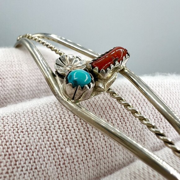 Navajo ESTHER WHITE Signed Sterling Silver Turquoise Coral Open Bangle Bracelet - Picture 4 of 6